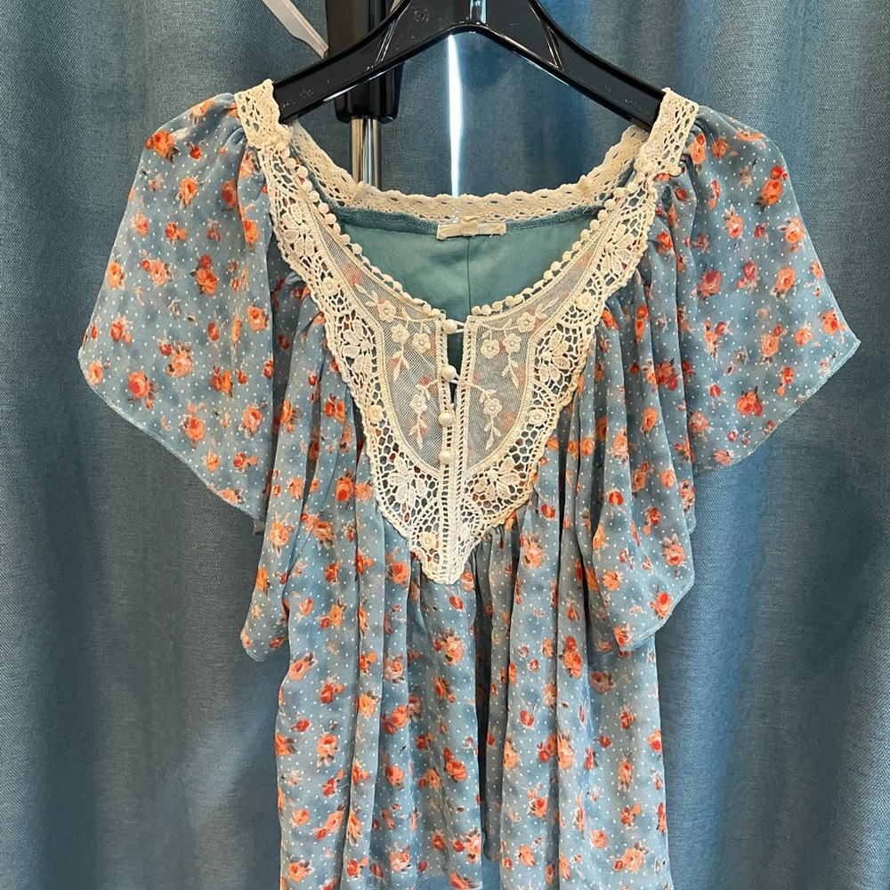 Floral Blue Top with Lace Detail